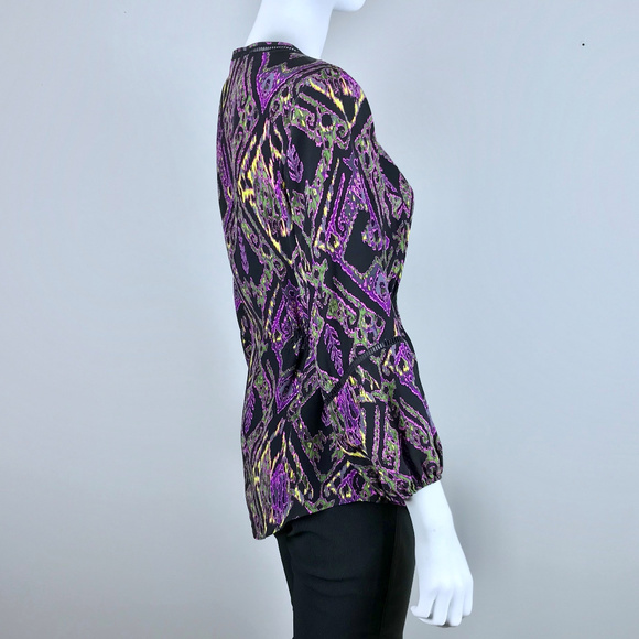 {Shoshanna} Midnight Ikat Print Silk V-Neck Blouse - Picture 4 of 7